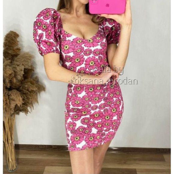 Zara Floral Balloon Sleeve Dress Smocked Puff Princess Pink Sweetheart Bust Mini - Picture 4 of 14